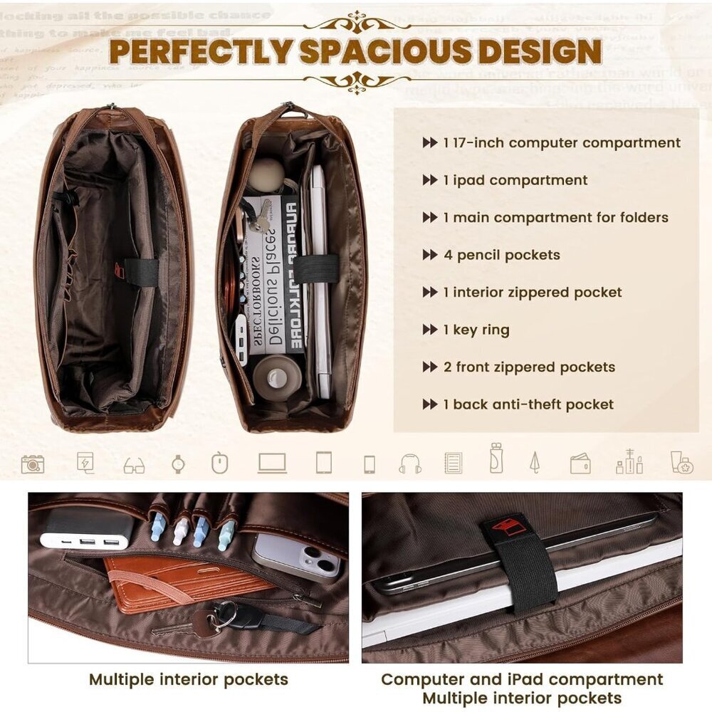 Mens Messenger Bag 17 Inch Waterproof Vintage Leather Laptop Briefcase Large Com - Picture 4 of 7